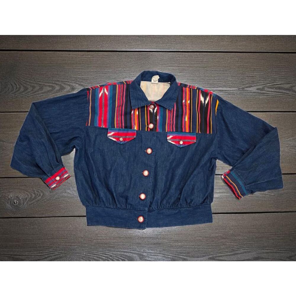 Vtg Western Southwestern Shirt Button-Up Colorblock USA Shoulder Pads Womens 12